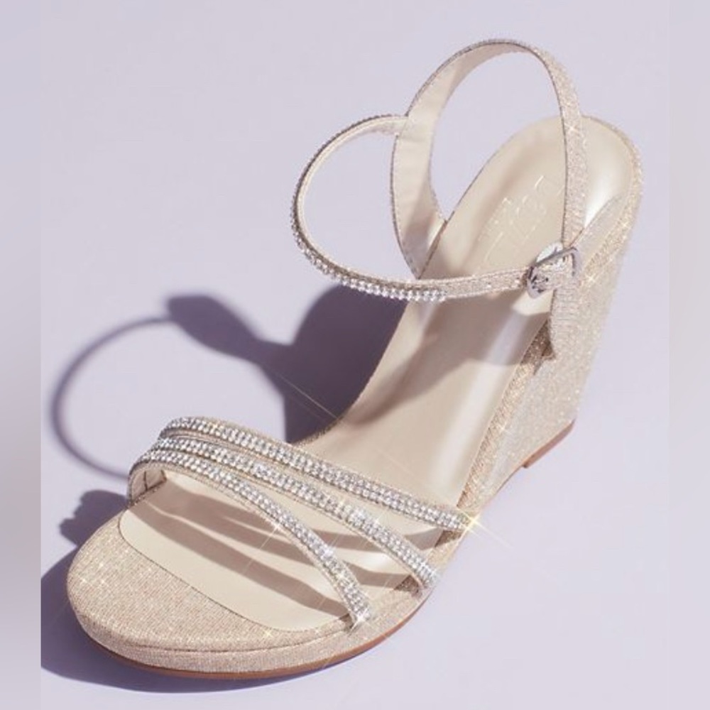 David’s Bridal Glitter Metallic Wedges with Embellished Straps